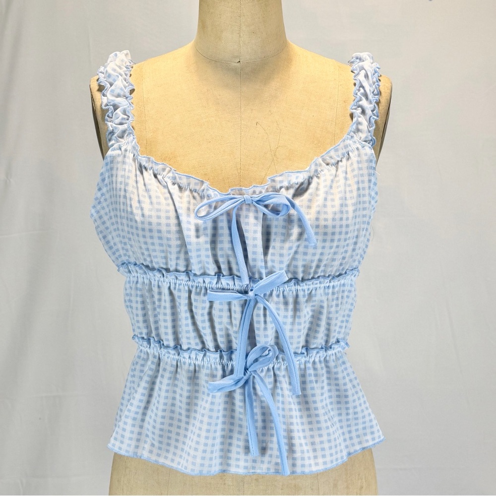 Sugar Kiss picnic gingham check tank top milkmaid prairie country ruffle bow tie - Picture 6 of 9